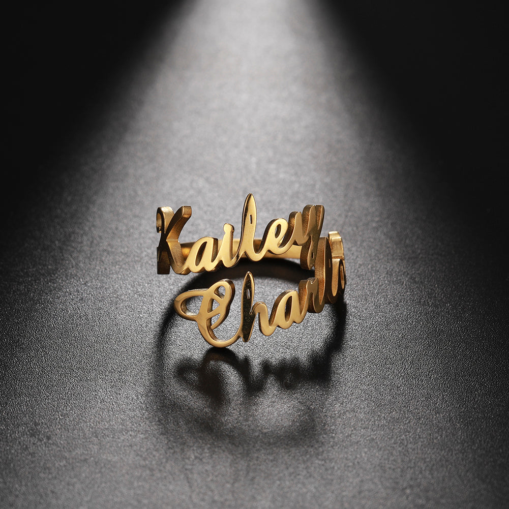 Double Name Ring - Gold / Angela Cursive The Namely Mine thenamelymine