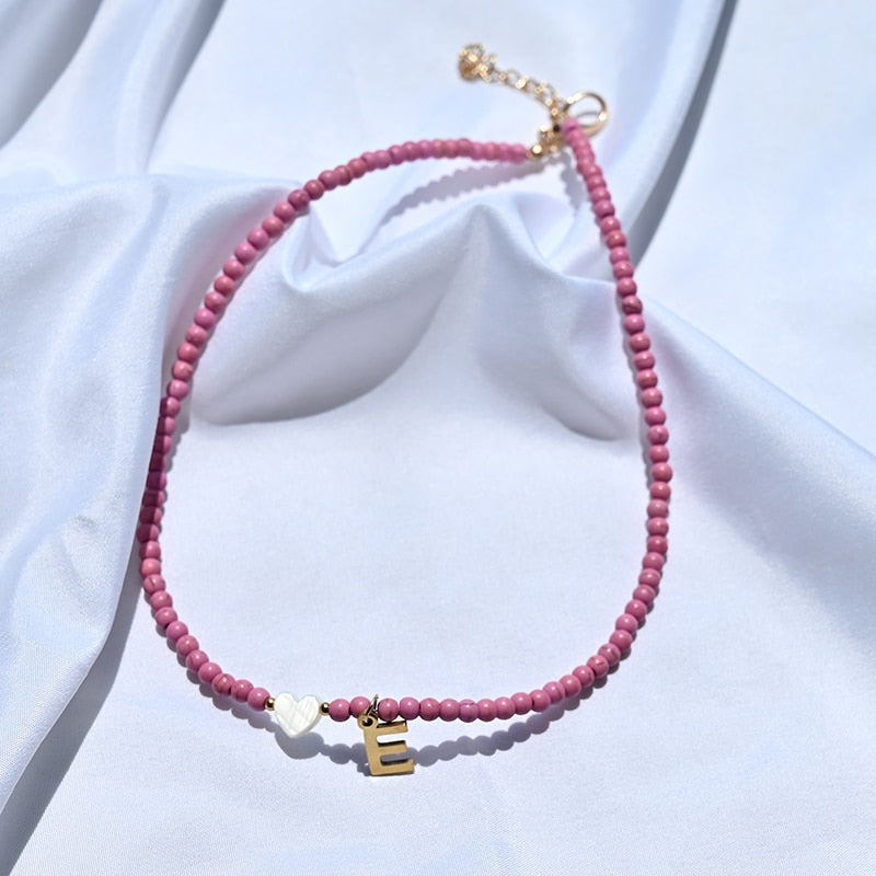 Abundance Beaded Initial Necklace - Soft Color Edition - Romantic Rose / A The Namely Mine thenamelymine