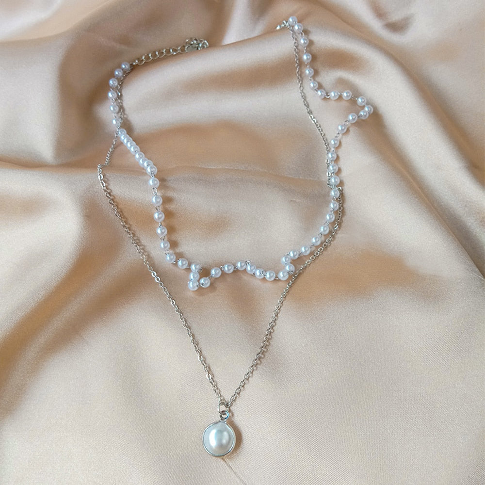 Double Layer Pearl Pendant Necklace - Double Layer Pearl Pendant Necklace - Silver The Namely Mine thenamelymine