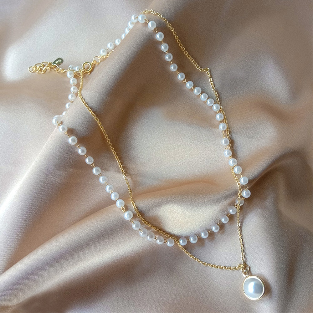 Double Layer Pearl Pendant Necklace - Double Layer Pearl Pendant Necklace - Gold The Namely Mine thenamelymine
