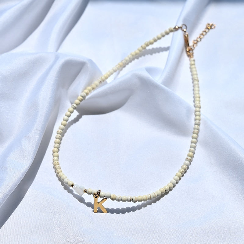 Abundance Beaded Initial Necklace - Soft Color Edition - Natural White / A The Namely Mine thenamelymine